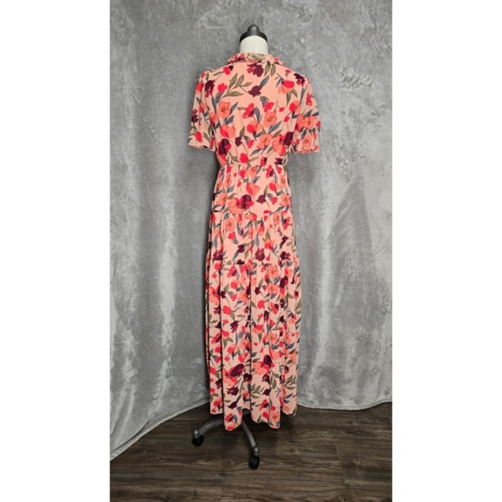 Womens Small Peach Floral Maxi Dress Short Sleeve V Neck Tiered Boho Vacation - Picture 5 of 9